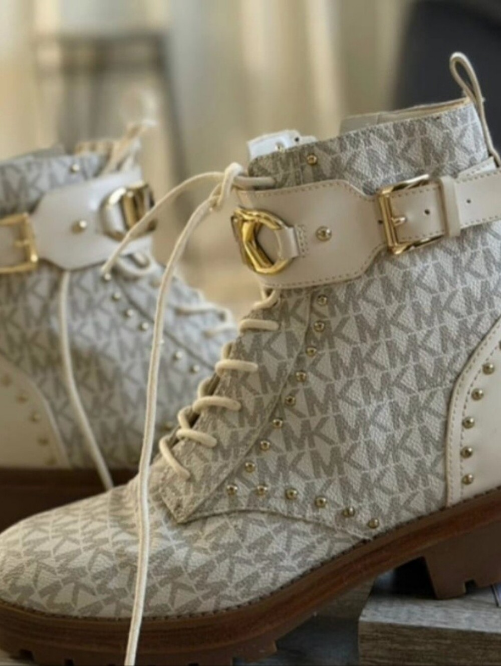 Michael Kors Beige MK Logo Lace-Up Ankle Boots with Gold Buckle, Without Box.